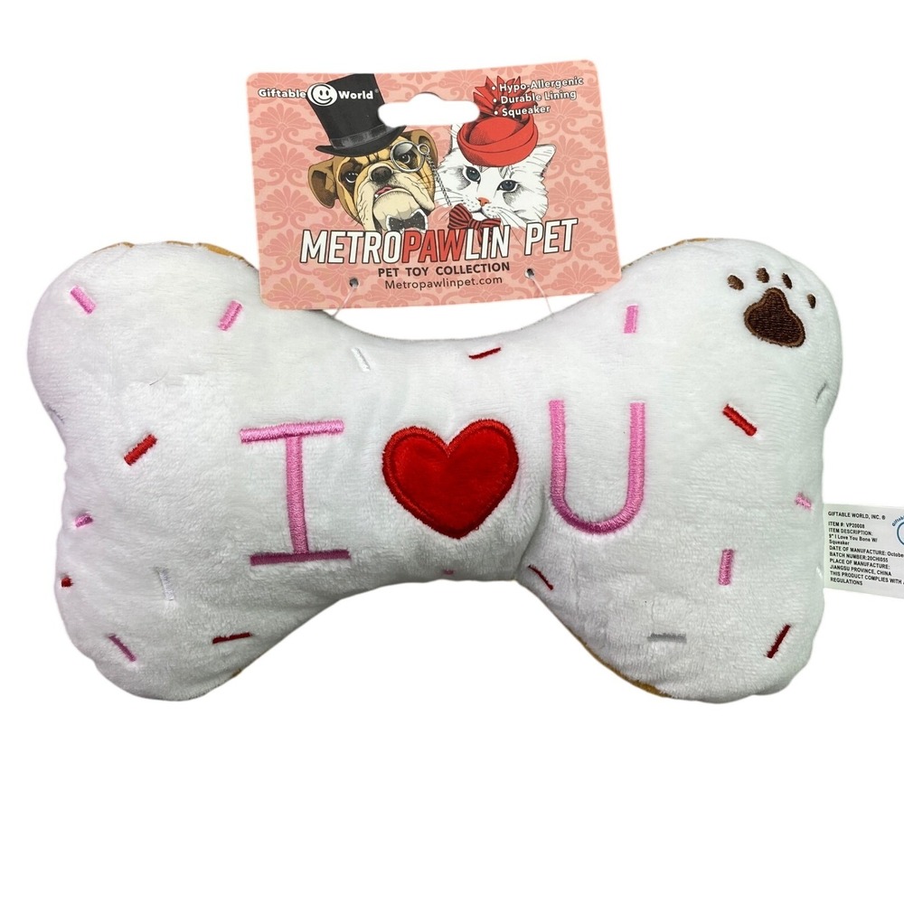 I Love You Bone Dog Toy Plush Squeaker Metro‎ Pawlin 9" long